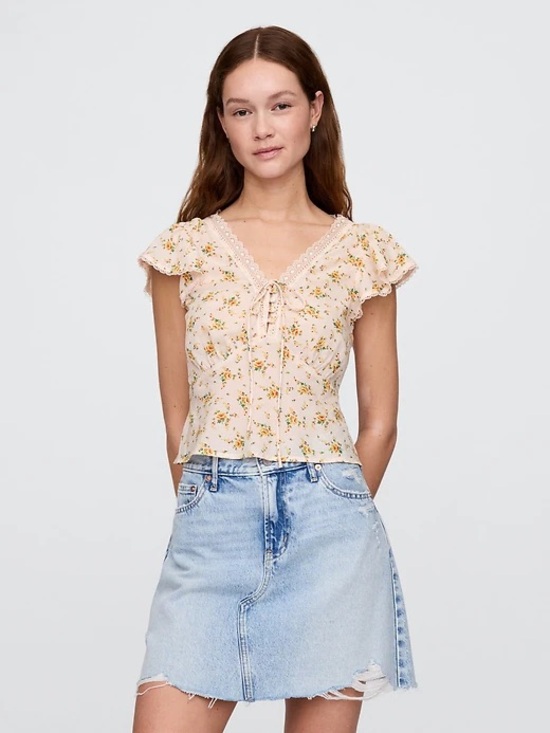 Tops - Gap Floral Lace-Trim Pink Cap-Sleeve Blouse